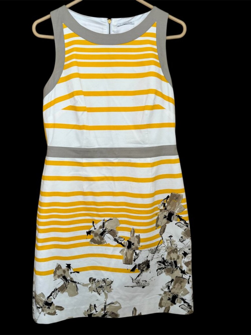 T Tahari Sheath Dress Sz 10 Yellow White Striped Floral Print Sleeveless Wedding